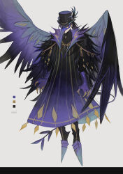 Rule 34 | 1boy, absurdres, black clover, black feathers, black hair, black hat, claws, color guide, demon horns, demon tail, feather trim, feathered wings, feathers, hat, highres, horns, jewelry, nacht faust, necklace, plague doctor mask, red eyes, robe, signature, solo, tail, top hat, tsugutoku, white background, wings
