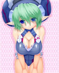Rule 34 | 1girl, adapted costume, asamura hiori, blue eyes, breasts, candy crown, cleavage, cleavage cutout, clothing cutout, elf, green hair, hat, highres, large breasts, mel von shiina, melfonseana, one-piece swimsuit, phantasy star, phantasy star online 2, pink background, pointy ears, short hair, swimsuit