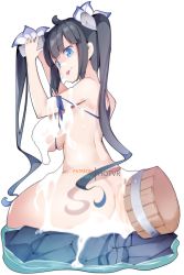 Rule 34 | 1girl, :p, ass, black hair, blue eyes, blue ribbon, blunt bangs, breasts, bucket, commentary, dungeon ni deai wo motomeru no wa machigatteiru darou ka, english commentary, from behind, hair ribbon, hestia (danmachi), hot vr, large breasts, long hair, looking at viewer, nude, onsen, patreon username, rei no himo, ribbon, sideboob, simple background, soap, solo, tongue, tongue out, twintails, water, wet, white background, white ribbon