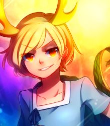 Rule 34 | 1girl, abstract background, blonde hair, blue shirt, collarbone, commentary request, dragon horns, dragon tail, head tilt, highres, horns, kicchou yachie, looking at viewer, multicolored background, red eyes, shirt, short hair, short sleeves, slit pupils, smirk, solo, speckticuls, standing, swept bangs, tail, teeth, touhou, tsurime, turtle shell, upper body