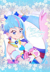 Rule 34 | 1girl, ahoge, blue cape, blue eyes, blue hair, cape, character name, commentary request, cure sky, detached sleeves, dress, earrings, eyelashes, gloves, gradient hair, hair ornament, happy, happy birthday, highres, hirogaru sky! precure, jewelry, kamikita futago, long hair, looking at viewer, magical girl, multicolored hair, pink hair, precure, puffy short sleeves, puffy sleeves, red cape, short sleeves, smile, solo, sora harewataru, streaked hair, twintails, two-tone cape, two-tone hair, very long hair, white gloves