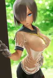 Rule 34 | 10s, 1girl, bad id, bad twitter id, blue eyes, blurry, breasts, buttons, covered erect nipples, depth of field, gloves, hair ornament, hair over one eye, hairclip, hamakaze (kancolle), hand on own stomach, highres, inactive account, kantai collection, large breasts, looking at viewer, nipples, no bra, open mouth, pleated skirt, puffy nipples, sailor collar, school uniform, see-through, serafuku, short hair, silver hair, skirt, solo, wa (genryusui), wet, wet clothes, white gloves