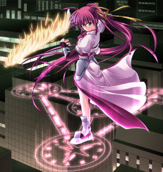 Rule 34 | 00s, 1girl, ahoge, angry, blue eyes, boots, building, cityscape, elbow gloves, fingerless gloves, fire, flaming sword, flaming weapon, gloves, hair ribbon, jacket, laevatein (nanoha), long hair, lyrical nanoha, magic circle, magical girl, mahou shoujo lyrical nanoha, mahou shoujo lyrical nanoha a&#039;s, open clothes, open jacket, outdoors, pink hair, ponytail, ribbon, signum, solo, sword, very long hair, waist cape, weapon, whip sword, yuki (white garden)