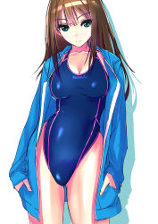 Rule 34 | 10s, 1girl, breasts, brown hair, collarbone, competition swimsuit, gluteal fold, green eyes, hands in pockets, highres, idolmaster, idolmaster cinderella girls, jacket, jacket over swimsuit, nenchi, one-piece swimsuit, shibuya rin, simple background, solo, standing, swimsuit, white background