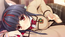 Rule 34 | 1girl, animal ears, asami asami, black hair, blush, book, bow, bowtie, breast press, breasts, cat ears, censored, game cg, handjob, himekawa honami, large breasts, legs, long hair, looking at viewer, lying, lying on person, mosaic censoring, on stomach, pantyhose, penis, pretty x cation 2, red eyes, school uniform, skirt, thighs, unzipped