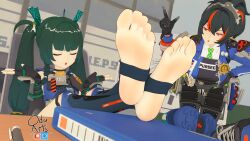 2girls 3d barefoot closed_eyes crossed_legs feet_up fingerless_gloves foot_focus foreshortening gloves hands_up indoors jacket legs_on_table multicolored_hair multiple_girls oda_arts police police_uniform ponytail qingyi_(zenless_zone_zero) shoes sneakers soles stirrup_legwear toeless_legwear toes twintails unworn_shoes zenless_zone_zero zhu_yuan