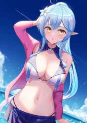 Rule 34 | 1girl, ahoge, arm at side, arm up, bikini, bikini skirt, blue collar, blue hair, blue skirt, blue sky, breasts, cleavage, cloud, collar, collarbone, day, dutch angle, expressionless, eyelashes, flower, hair between eyes, hair flower, hair ornament, hand on own head, heart, heart ahoge, high ponytail, highres, hololive, jacket, large breasts, light blue hair, light blush, long hair, long sleeves, looking at viewer, miniskirt, navel, off shoulder, outdoors, parted lips, pink jacket, pleated skirt, pointy ears, ponytail, sidelighting, sidelocks, single bare shoulder, skirt, sky, solo, stomach, sunlight, swimsuit, typho, upper body, very long hair, virtual youtuber, water drop, yellow eyes, yukihana lamy