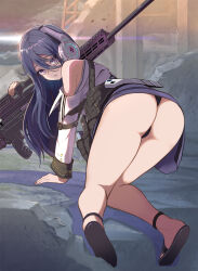 Rule 34 | 1girl, all fours, ammunition belt, ankle strap, ass, ass focus, bare legs, black footwear, black hair, black panties, commentary, exia (nikke), expressionless, from behind, full body, goddess of victory: nikke, gun, headphones, highres, holding, holding gun, holding weapon, long hair, long sleeves, looking at viewer, looking back, off shoulder, outdoors, panties, parted lips, purple eyes, rifle, rubble, ruins, sandals, shirt, sniper rifle, solo, syope, thighs, thong, underwear, weapon, white shirt