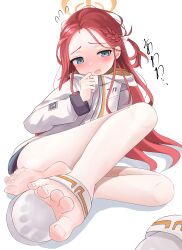 Rule 34 | 1girl, absurdres, barefoot, blue archive, blue eyes, blush, feet, highres, long hair, looking away, open mouth, red hair, sandals, unworn sandals, soles, toes, yuzu (blue archive)