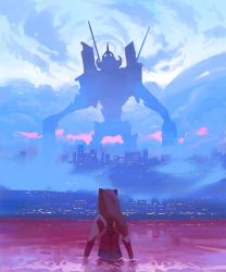 Rule 34 | 1girl, bodysuit, brown hair, building, city, cloud, commentary request, the end of evangelion, eva 01, from behind, gydwin, interface headset, lcl, long hair, mecha, neon genesis evangelion, plugsuit, robot, scenery, sky, solo, souryuu asuka langley, standing, upper body