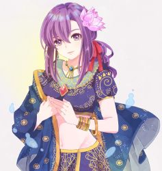 Rule 34 | 1girl, earrings, fate/grand order, fate (series), flower, hair flower, hair ornament, indian clothes, jewelry, long hair, matou sakura, necklace, parvati (fate), purple eyes, purple hair, simple background, smile, solo