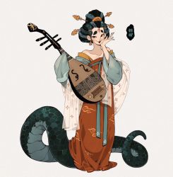Rule 34 | 1girl, bare shoulders, black hair, chinese clothes, eyebrows, facepaint, facial mark, forehead mark, hair pulled back, juanmao, living hair, makeup, monster girl, nihongami, off shoulder, original, pipa (instrument), scales, snake, snake hair, snake tail, solo, tail