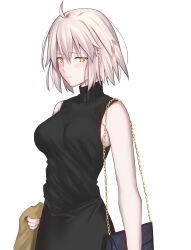 Rule 34 | 1girl, ahoge, alternate costume, bag, bare shoulders, black bag, black skirt, black sweater, blush, breasts, brown jacket, closed mouth, commentary request, contemporary, fate/grand order, fate (series), grey hair, hair between eyes, handbag, highres, iro (sekaixiro), jacket, jeanne d&#039;arc alter (fate), large breasts, looking at viewer, pale skin, short hair, simple background, skirt, sleeveless, sleeveless sweater, solo, sweater, turtleneck, turtleneck sweater, unworn jacket, white background, yellow background