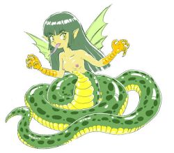 Rule 34 | 1girl, breasts, claws, colored skin, green eyes, green hair, green skin, lamia, long tongue, matching hair/eyes, monster girl, nipples, original, pointy ears, pukao, scales, simple background, small breasts, solo, tongue, wings