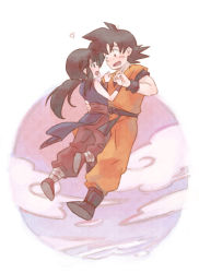 Rule 34 | 1boy, 1girl, :d, black hair, chi-chi (dragon ball), chinese clothes, cloud, cloudy sky, couple, dougi, dragon ball, dragon ball (classic), eye contact, floating, floating hair, heart, hetero, holding hands, long hair, looking at another, open mouth, ponytail, profile, sasa (db), simple background, sky, smile, son goku, white background, wristband