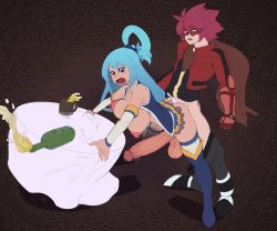 Rule 34 | 1boy, 1girl, aqua (konosuba), bent over, blue hair, breasts, clothed sex, clothes, cum, doggystyle, ejaculation, erection, full body, futa with male, futanari, futanari, hair bobbles, hair ornament, hair rings, highres, huge breasts, huge penis, huge testicles, kono subarashii sekai ni shukufuku wo!, large penis, long hair, mask, newhalf, nipples, open mouth, original, pale skin, penis, prettysushi, red hair, sex, sex from behind, short hair, surprised, testicles, veins, veiny penis