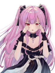 Rule 34 | 1girl, absurdres, bare shoulders, black dress, black ribbon, chain, collarbone, commentary request, dress, fingernails, frilled dress, frills, hair ribbon, hands up, highres, hololive, long hair, off-shoulder dress, off shoulder, parted lips, pink hair, red eyes, ribbon, she taizi, simple background, skull, solo, two side up, uruha rushia, uruha rushia (3rd costume), very long hair, virtual youtuber, white background, wrist cuffs