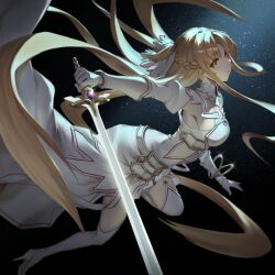 Rule 34 | 1girl, armor, asuna (sao), asuna (stacia), belt, braid, breastplate, breasts, brown eyes, brown hair, closed mouth, commentary request, dark background, detached collar, detached sleeves, dress, fantasy, floating, floating hair, french braid, from side, gloves, hair ribbon, high heels, highres, hip armor, holding, holding sword, holding weapon, large breasts, long hair, looking at viewer, outdoors, outstretched arm, radiant light, rapier, ribbon, short ponytail, sky, solo, space, star (sky), starry sky, sword, sword art online, sword art online: alicization, sword art online: alicization - war of underworld, thighhighs, very long hair, weapon, white belt, white dress, white footwear, white gloves, white ribbon, white sleeves, white thighhighs, yappo (point71)
