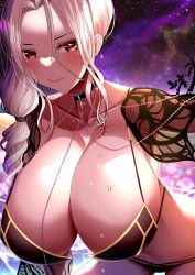 Rule 34 | 1girl, absurdres, bikini, black bikini, blush, breasts, carmilla (fate), carmilla (swimsuit rider) (fate), carmilla (swimsuit rider) (third ascension) (fate), commentary request, fate/grand order, fate (series), grey hair, hanging breasts, highres, huge breasts, leaning forward, lee-taro, long hair, looking at viewer, night, night sky, ponytail, red eyes, see-through, see-through sleeves, sky, smile, solo, swimsuit
