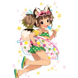 Rule 34 | 1girl, animal ears, black eyes, bracelet, brown hair, eyewear on head, fake animal ears, flower, food, full body, highres, holding, innertube, jewelry, looking at viewer, official art, open clothes, open mouth, polka dot, polka dot swimsuit, popsicle, round teeth, sandals, solo, spaghetti strap, sparkle, sunglasses, swim ring, swimsuit, tail, teeth, transparent, transparent background, twintails, twisted torso, uchi no hime-sama ga ichiban kawaii