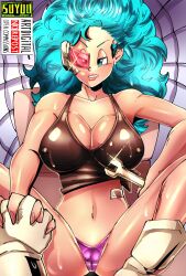 Rule 34 | 1girl, art suyuu, artist name, bare shoulders, blue eyes, blue hair, breasts, bulma, cameltoe, cleavage, cleft of venus, covered erect nipples, dragon ball, gloves, grin, highres, large breasts, long hair, looking at viewer, navel, red-tinted eyewear, scouter, smile, sweat, sweatdrop, tank top, thighs, tinted eyewear, wrench
