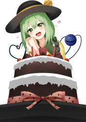 Rule 34 | 1girl, black hat, blush, bow, cake, candle, close-up, colored eyelashes, commentary, doge (jkdoge), eyebrows hidden by hair, eyelashes, food, frilled shirt collar, frills, green eyes, green hair, hair between eyes, hands up, happy, hat, hat ribbon, heart, heart-shaped pupils, heart of string, heart print, highres, komeiji koishi, looking at viewer, medium hair, open mouth, own hands together, pink bow, ribbon, shirt, simple background, smile, solo, straight hair, symbol-shaped pupils, third eye, touhou, white background, yellow ribbon, yellow shirt