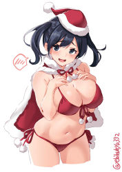 Rule 34 | 1girl, :d, alternate costume, bikini, blue eyes, blue hair, blush, breasts, capelet, christmas, cowboy shot, ebifurya, front-tie top, hair between eyes, hands on own chest, hat, highres, kantai collection, large breasts, looking at viewer, navel, open mouth, pom pom (clothes), red bikini, red capelet, ribbon, santa bikini, santa costume, santa hat, short hair, side-tie bikini bottom, simple background, smile, solo, souryuu (kancolle), spoken blush, swimsuit, twintails, twitter username, white background