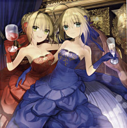 Rule 34 | 10s, 2girls, :d, absurdres, ahoge, alternate costume, artoria pendragon (all), artoria pendragon (fate), bare shoulders, blonde hair, blue dress, blue eyes, blue gloves, breasts, cleavage, cup, dress, drinking glass, fate/extra, fate/stay night, fate (series), flower, gloves, green eyes, hair flower, hair ornament, hair ribbon, highres, large breasts, multiple girls, nero claudius (fate), nero claudius (fate) (all), nero claudius (fate/extra), open mouth, red dress, red gloves, ribbon, saber (fate), scan, short hair, smile, strapless, strapless dress, type-moon, wada arco, wine glass