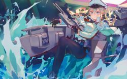 Rule 34 | 10s, 1girl, anchor, black gloves, blonde hair, blue eyes, cannon, capelet, gloves, graf zeppelin (kancolle), hat, kantai collection, mecha musume, military, military uniform, moyuvvx, pantyhose, peaked cap, pleated skirt, shirt, skirt, solo, twintails, uniform, water, white hat, white shirt