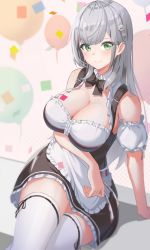 Rule 34 | 1girl, absurdres, apron, bare shoulders, black bow, black bowtie, blush, bodice, bow, bowtie, breasts, cleavage, closed mouth, confetti, curvy, detached sleeves, dirndl, flower, german clothes, green eyes, hair flower, hair ornament, highres, hololive, hololive fantasy, large breasts, looking at viewer, narrow waist, official alternate costume, puffy short sleeves, puffy sleeves, reulem, shirogane noel, shirogane noel (dirndl), short sleeves, silver hair, sitting, solo, thighhighs, virtual youtuber, waist apron, white apron, white thighhighs, wide hips