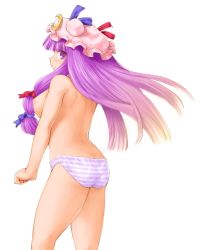 Rule 34 | 1girl, ass, bow, breasts, crescent, female focus, hair bow, hat, kasuga yukihito, large breasts, long hair, nipples, panties, patchouli knowledge, purple eyes, purple hair, revision, solo, striped clothes, striped panties, topless, touhou, underwear, white background