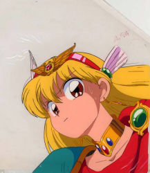 Rule 34 | 1990s (style), 1girl, akazukin chacha, blonde hair, brown eyes, cape, closed mouth, collarbone, earrings, female focus, gem, hair between eyes, hairband, head, head wings, highres, jewelry, looking at viewer, magical princess, neck, neck ring, red cape, retro artstyle, serious, solo, sweat, upper body, wings