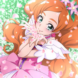 Rule 34 | 1girl, aged up, blush, brown hair, choker, cupping hands, cure flora, dress, dutch angle, eyebrows, field, flower, flower field, go! princess precure, green eyes, hair flower, hair ornament, haruno haruka, long hair, looking at viewer, nakahira guy, own hands together, petals, pink dress, precure, smile, solo, swept bangs, thick eyebrows, very long hair