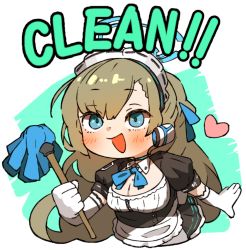 Rule 34 | 1girl, amonitto, apron, aqua eyes, asuna (blue archive), black choker, black dress, blue archive, blue neckwear, blush, breasts, brown hair, choker, dress, duster, elbow gloves, english text, gloves, halo, headset, heart, holding, long hair, maid, maid headdress, mole, mole on breast, open mouth, short sleeves, simple background, solo, two-tone background, upper body, white apron, white gloves