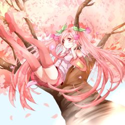 Rule 34 | 1girl, bad id, bad pixiv id, boots, cherry, cherry blossoms, detached sleeves, food, fruit, hatsune miku, long hair, necktie, niwa (ejizon), petals, pink eyes, pink footwear, pink hair, sakura miku, skirt, smile, solo, thigh boots, thighhighs, tree, twintails, very long hair, vocaloid