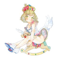 Rule 34 | 1girl, :o, angel wings, blush, breasts, cleavage, clothing cutout, commentary request, crossed ankles, crown, dress, feathered wings, full body, gem, green eyes, green nails, head wings, heart cutout, highres, hobby horse, light brown hair, nail polish, nanakami mana, original, painting (medium), parted lips, shoes, short dress, short hair, short sleeves, simple background, sitting, small breasts, sneakers, solo, straddling, thighhighs, toy, traditional media, watercolor (medium), wavy hair, white background, white wings, wings