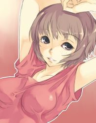 Rule 34 | 00s, 1girl, arms up, breasts, brown hair, collarbone, female focus, freckles, gradient background, grey eyes, looking at viewer, mikage sekizai, paprika, paprika (character), parted lips, red shirt, shirt, short hair, short sleeves, smile, solo, t-shirt, upper body