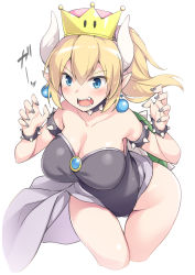 Rule 34 | 1girl, akizora momiji, bad id, bad pixiv id, bare shoulders, blonde hair, blue eyes, blush, bowsette, bracelet, breasts, cleavage, collar, dress, earrings, hands up, highres, horns, jewelry, large breasts, long hair, looking at viewer, mario (series), nail polish, new super mario bros. u deluxe, nintendo, open mouth, pointy ears, ponytail, sharp teeth, simple background, solo, spiked bracelet, spiked collar, spikes, super crown, teeth, white background