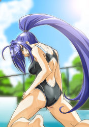 Rule 34 | 00s, 1girl, ahoge, ass, blue eyes, blue hair, blurry, breasts, competition school swimsuit, competition swimsuit, depth of field, diving block, from behind, hair intakes, hand on own thigh, hand on thigh, hayase mitsuki, kimi ga nozomu eien, kneeling, large breasts, long hair, looking back, matching hair/eyes, one-piece swimsuit, ponytail, school swimsuit, smile, solo, spread legs, swimsuit, very long hair, wet
