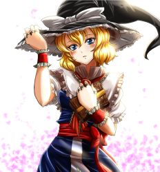 Rule 34 | 1girl, alice margatroid, blonde hair, blue dress, blue eyes, blush, book, hugging book, bow, breasts, capelet, cowboy shot, dress, frilled sleeves, frills, futagojima, grimoire of alice, hair between eyes, hat, hat bow, holding, holding book, jewelry, looking at viewer, medium breasts, neck ribbon, hugging object, parted lips, puffy short sleeves, puffy sleeves, puppet rings, red ribbon, ribbon, ring, sash, short hair, short sleeves, solo, touhou, white bow, witch hat, wrist cuffs
