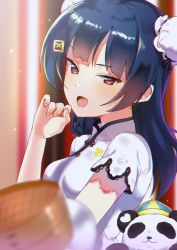 Rule 34 | 1girl, :d, blue hair, blurry, bun cover, chinese clothes, clenched hand, depth of field, fang, hair ornament, hairclip, hand up, long hair, looking at viewer, love live!, love live! school idol festival, love live! sunshine!!, open mouth, plate, purple eyes, sellel, short sleeves, smile, solo, stuffed animal, stuffed panda, stuffed toy, tsushima yoshiko, upper body