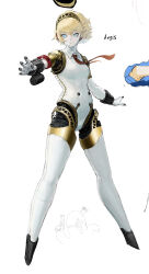 Rule 34 | 1girl, aegis (persona), android, armband, blonde hair, blue eyes, breasts, character name, closed mouth, collar, detached collar, drum magazine, finger cannon, frown, full body, glowing, glowing eyes, gold trim, hairband, headphones, highres, joints, magazine (weapon), mechanical arms, mechanical legs, medium breasts, no feet, oekaki, outstretched arm, persona, persona 3, red armband, red tie, robot joints, s.e.e.s, short hair, simple background, solo, tyawantyawan356, white background
