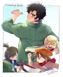 Rule 34 | 1girl, 3boys, black hair, blonde hair, blush, border, brown coat, brown hair, carrying, carrying person, carrying under arm, child, coat, dameaki, green jacket, hair over eyes, high ponytail, jacket, joe (megalo box), long sleeves, looking back, medium hair, megalo box, multiple boys, oicho (megalo box), red scarf, sachio (megalo box), santa (megalo box), scar, scar on face, scarf, short hair, simple background, spanking, third-party source, twitter username, white background, white border