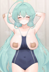 Rule 34 | 1girl, absurdres, ahoge, armpits, bare arms, bare legs, bare shoulders, black one-piece swimsuit, blue archive, breasts, closed eyes, closed mouth, collarbone, cowboy shot, facing viewer, green hair, grey background, hair between eyes, halo, highres, huge ahoge, jimwh37, large breasts, long hair, one-piece swimsuit, school swimsuit, simple background, smile, solo, swimsuit, yellow halo, yume (blue archive)