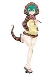 1girl aqua_hair bow breasts frown gradient_neck_ribbon gradient_ribbon hair_between_eyes highres hood hoodie kemono_friends long_sleeves looking_at_viewer medium_breasts neck_ribbon pink_ribbon ribbon short_hair snake_hood snake_print snake_tail sokushinbutsu solo striped_clothes striped_hoodie striped_tail tail tsuchinoko_(kemono_friends)