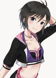 Rule 34 | 1girl, antenna hair, black eyes, black hair, breasts, cleavage, closed mouth, collarbone, hair between eyes, hand on own head, highres, idolmaster, idolmaster (classic), jewelry, kikuchi makoto, looking at viewer, midriff, mogskg, navel, necklace, short hair, simple background, small breasts, smile, solo, standing, star (symbol), star necklace, stomach, upper body, white background