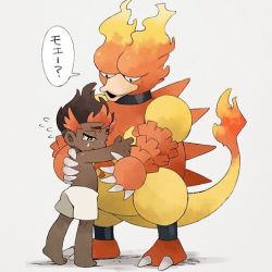 Rule 34 | 1boy, aged down, bad id, bad pixiv id, barefoot, black eyes, black hair, child, creatures (company), crying, crying with eyes open, dark-skinned male, dark skin, game freak, gen 1 pokemon, hug, japanese text, kiawe (pokemon), looking at another, magmar, male focus, multicolored hair, nintendo, pokemon, pokemon (creature), pokemon sm, shorts, simple background, speech bubble, sweatdrop, tearing up, tears, tetsuyoh, trial captain, two-tone hair, undercut, very dark skin, white background, white shorts