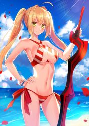 Rule 34 | 1girl, aestus estus, ahoge, beach, bikini, blonde hair, blue sky, blush, bracelet, breasts, cleavage, closed mouth, cloud, cloudy sky, collarbone, cowboy shot, criss-cross halter, day, diffraction spikes, fate/grand order, fate (series), fuyuki (neigedhiver), green eyes, green hair, hair between eyes, hair intakes, halterneck, hand on own hip, highres, holding, holding sword, holding weapon, jewelry, large breasts, lens flare, light rays, long hair, looking at viewer, navel, nero claudius (fate), nero claudius (fate) (all), nero claudius (swimsuit caster) (fate), ocean, outdoors, petals, red bikini, side-tie bikini bottom, sidelocks, sky, smile, solo, sparkle, standing, striped bikini, striped clothes, sunbeam, sunlight, swimsuit, sword, thighs, tsurime, twintails, weapon, white bikini