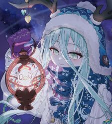 1girl antlers antlers_through_headwear blue_scarf coat dpw6p39pwizgzdz fate/grand_order fate_(series) green_eyes green_hair highres holding holding_lantern horns lantern long_hair louhi_(fate) mittens purple_mittens scarf smile winter_clothes winter_coat woollen_cap