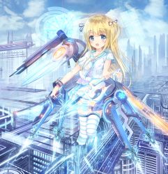 Rule 34 | 1girl, :d, alc (ex2 lv), bad id, bad pixiv id, blonde hair, blue eyes, bow, hair bow, hair ribbon, highres, holding, instrument, long hair, looking at viewer, machinery, mecha musume, open mouth, original, ribbon, smile, solo, striped clothes, striped thighhighs, thighhighs, toy block, two side up, violin, zettai ryouiki